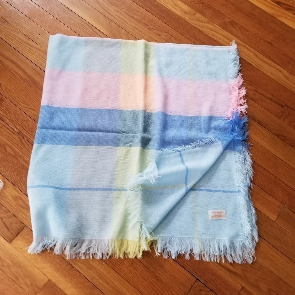 Vintage Ombre Stripe Acrylic Fringe Baby Blanket Pastel Pink Blue NOS Soft Girl